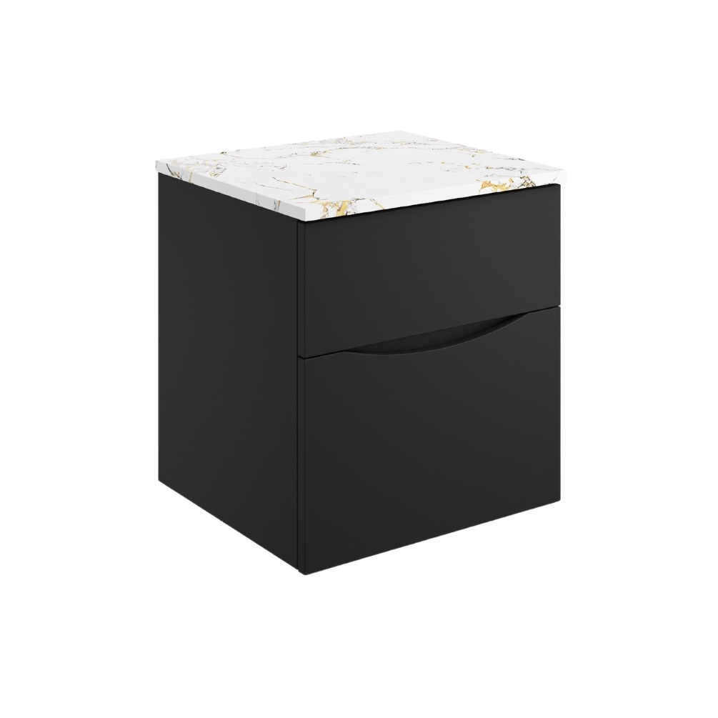 Product Cut out image of the Crosswater Glide II Matt Black 500mm Double Drawer Unit with Gold Vein Worktop